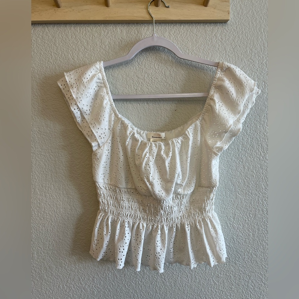 URBAN Romantics White Eyelet Smocked Peplum Top